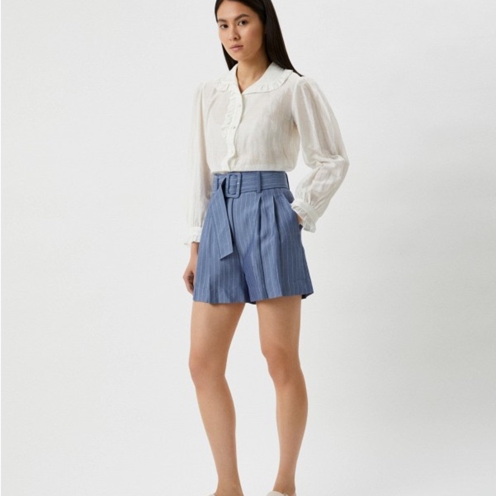 Sandro Blue Pinstripe High-Waist Belted Shorts